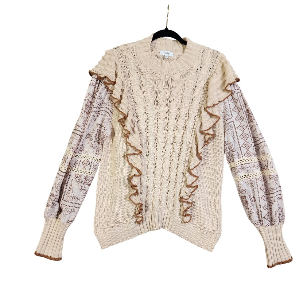 Fate Womens Cable Knit Ruffle Sweater Size Large Tan Paisley Balloon Sleeve